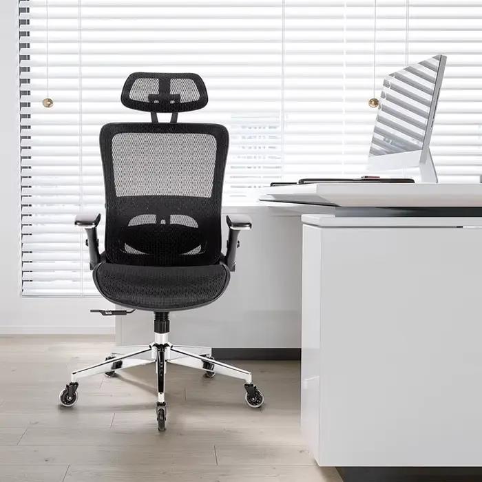 Chaise de bureau ergonomique en maille noire, dossier haut, repose-sauna réglable, bras rabattables,