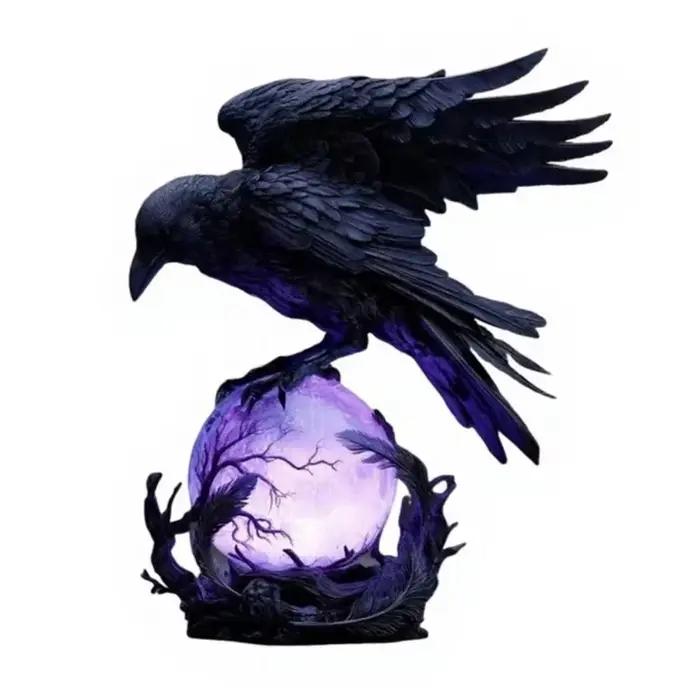 Lampe de table LED gothique, statue de corbeau noir 'Lueur de lune du corbeau', décorations d'Hallow