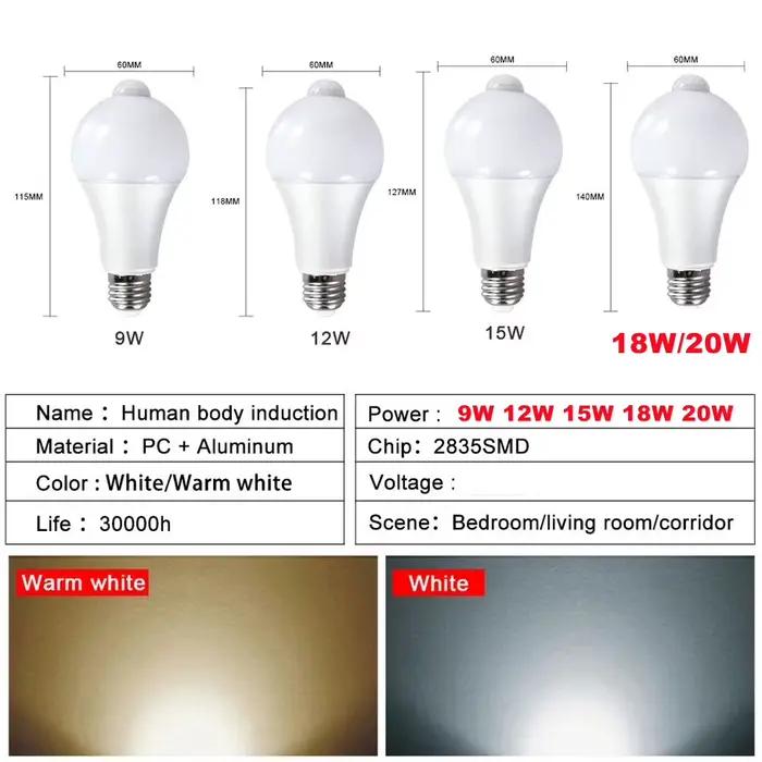 Ampoule LED avec capteur de mouvement E27, 9W 12W 18W 20W, lampe avec capteur PIR, marche/arrêt auto