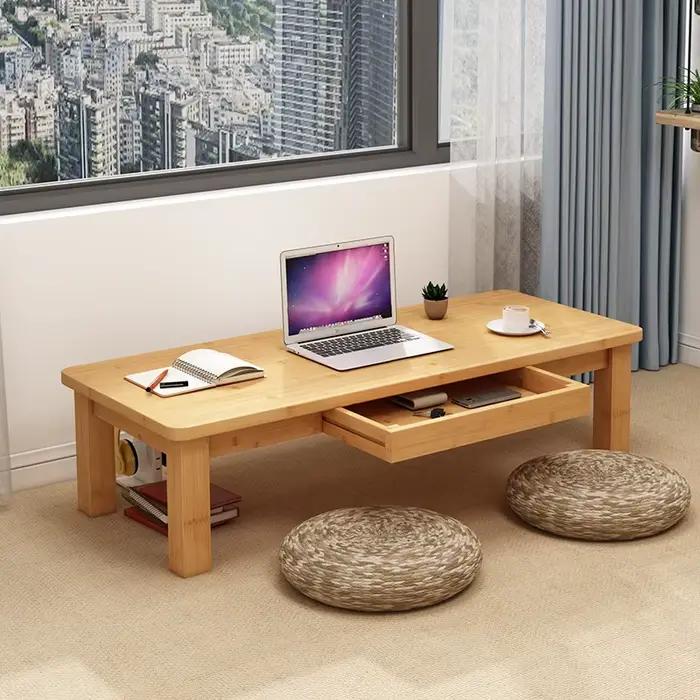 Table d'étude basse nordique scandinave, bureau multifonction en bois de bambou avec tiroir de range