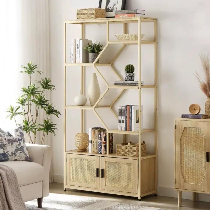 Étagère en rotin, bibliothèque à 7 niveaux avec armoire, étagère de rangement en rotin naturel, étagère de présentation bohème, 39,4 "L x 13,8 "P x 75,6 "H