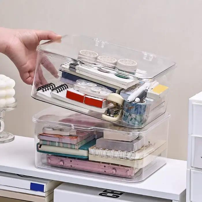 Boîte de rangement en plastique, boîte de rangement couverte, conteneur de rangement de bureau à couvercle rabattable, fournitures de bureau, papeterie, rangement de cosmétiques