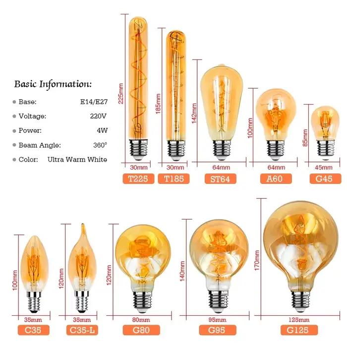 E14 E27 lumière spirale G80 G95 G125 LED ampoule à Filament 220V 4W 2200K rétro Vintage lampes éclairage décoratif lampe Edison à intensité variable