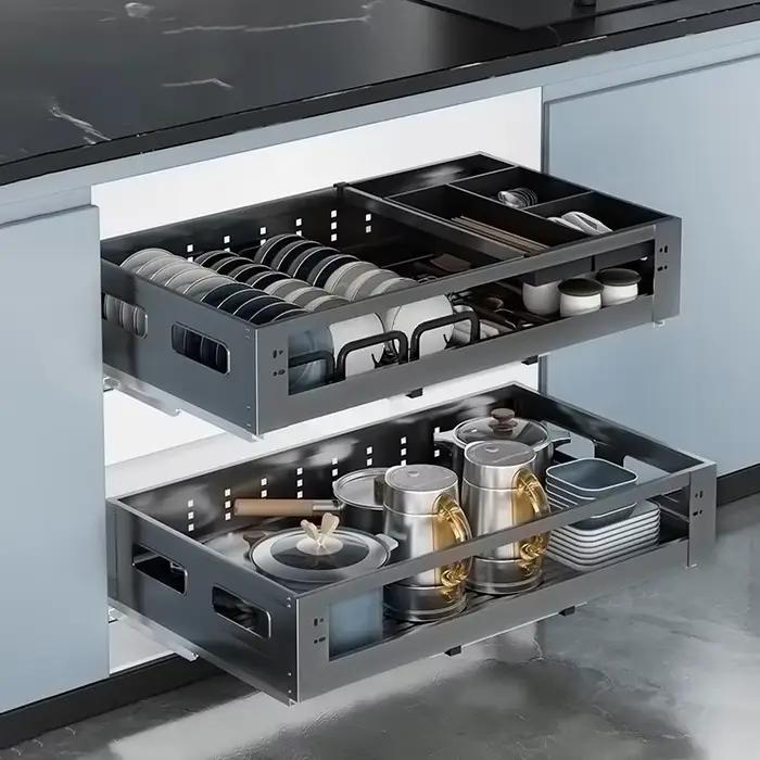 Étagère de rangement robuste et résistante en acier inoxydable 304 à double tiroir coulissant sous l'évier pour bols, assiettes et ustensiles de cuisine