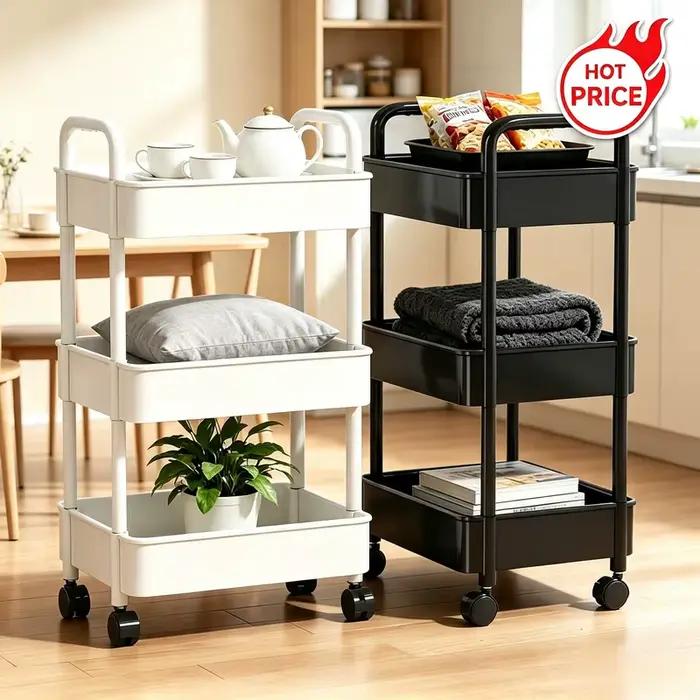 Chariot de rangement roulant en plastique avec poignée et roues, organisateur peu encombrant pour espaces étroits, pour cuisine, salon, bureau