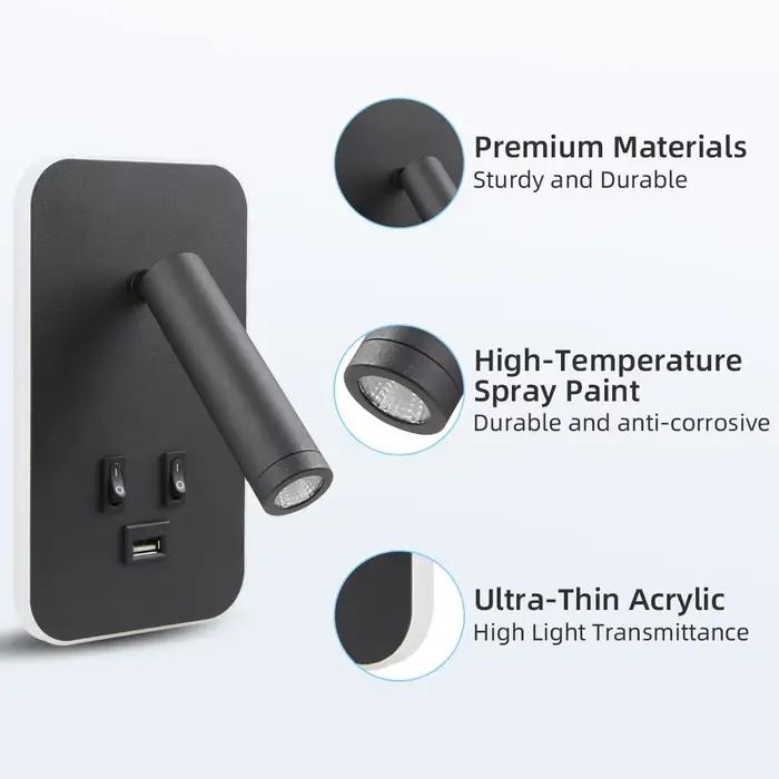 Applique murale avec port USB rechargeable, lampe de lecture LED pour chevet, éclairage mural rotatif pour chambre à coucher, applique murale pour salon, décoration intérieure