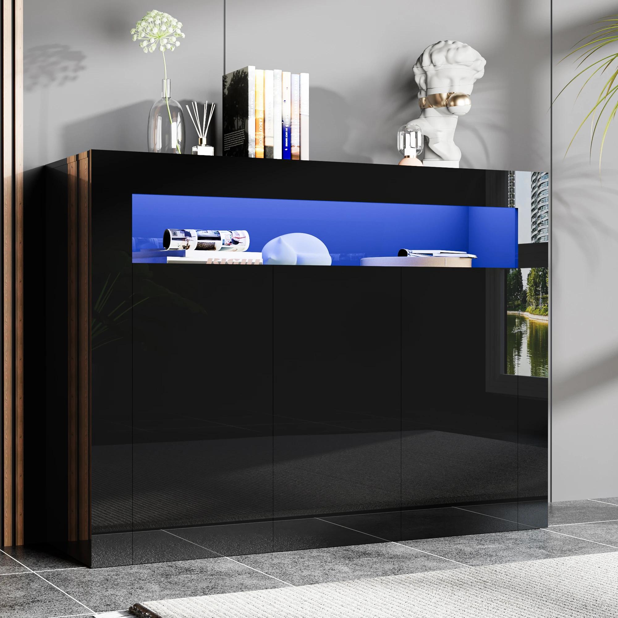Armoire de rangement moderne avec lumières LED, buffet haute brillance, étagère réglable, 3 portes