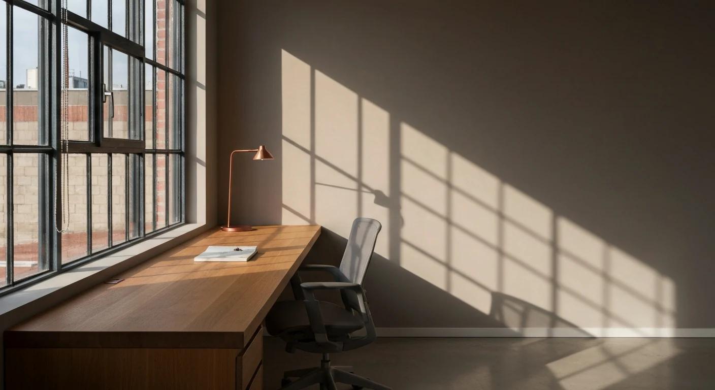 Bureau de bois massif baigné de lumière rasante dans un atelier d'architecture