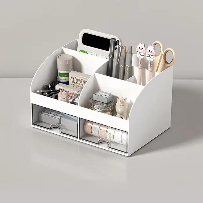 Boîte de rangement de papeterie de bureau à domicile, 6 compartiments, 2 tiroirs, organisateur de bu