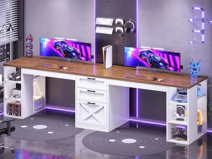 Bureau d'ordinateur Farmhouse de 96,5 pouces avec tiroirs, bureau de travail à domicile pour 2 perso