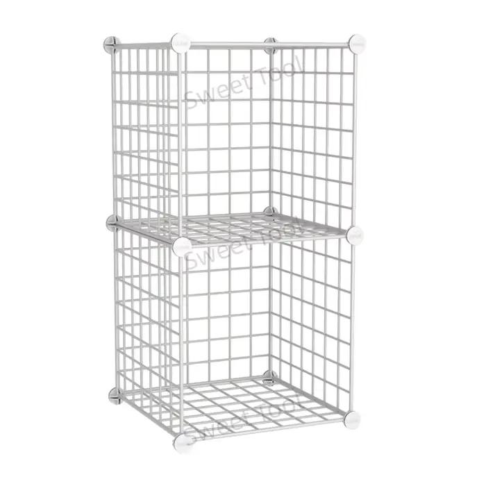 Étagère de rangement modulaire en fil métallique à 2 cubes, avec bacs de rangement en grille métalli