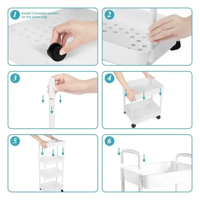 Chariot de rangement roulant en plastique avec poignée et roues, organisateur gain de place pour cuisine, salon, bureau, espaces étroits et fentes