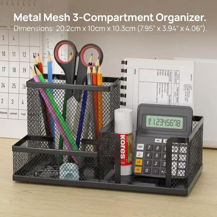 Organisateur de bureau en maille noire avec porte-crayons et paniers de rangement