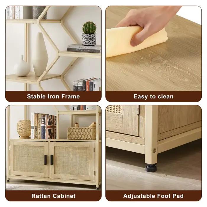 Étagère en rotin, bibliothèque à 7 niveaux avec armoire, étagère de rangement en rotin naturel, étagère de présentation bohème, 39,4 "L x 13,8 "P x 75,6 "H