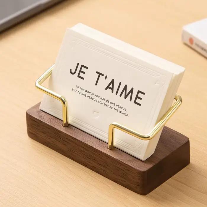 Porte-cartes de visite en bois avec cadre métallique doré