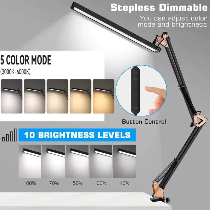Lampe de bureau LED à bras long avec pince pliable pour soin des yeux et adaptabilité selon les occasions de lecture et de travail