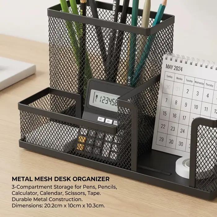 Organisateur de bureau en maille noire avec porte-crayons et paniers de rangement