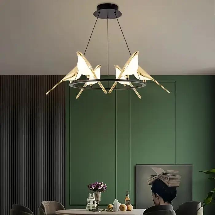 Lampe pie oiseau nordique moderne en cuivre poli avec abat-jour varié pour salon chambre et salle à manger