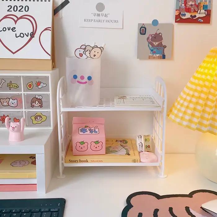 Étagère de bureau à double couche pour rangement de fournitures scolaires et cosmétiques, support pliable, rangement de bureau, organisateur de bureau, accessoire de bureau, étagère de rangement de bureau, étagère de rangement de stationnerie, étagère de rangement de bureau professionnel, étagère de
