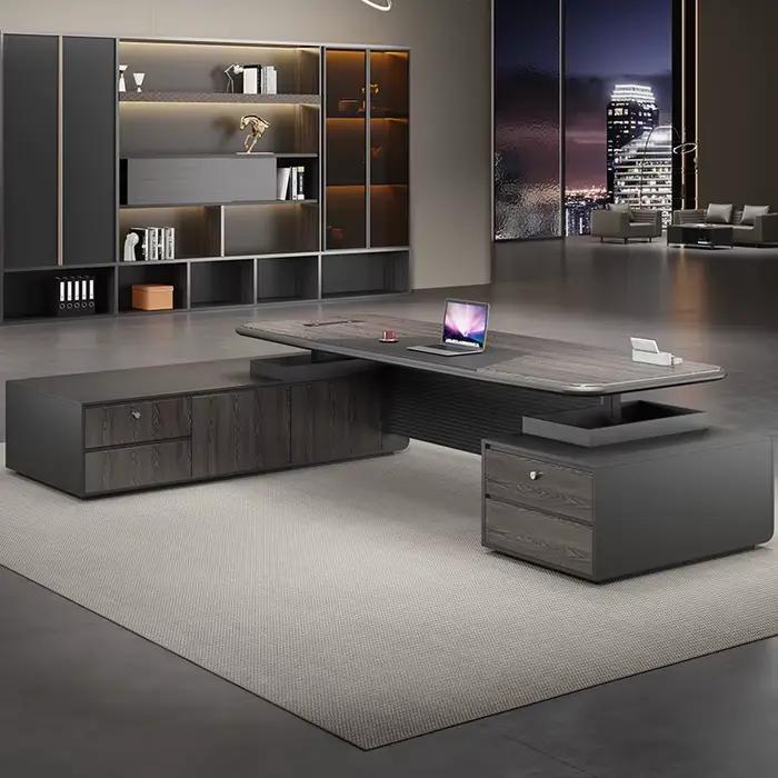 Bureau de direction électrique à double moteur réglable en hauteur pour PDG et managers mobilier de bureau moderne avec armoire intégrée et finitions en bois diverses couleurs