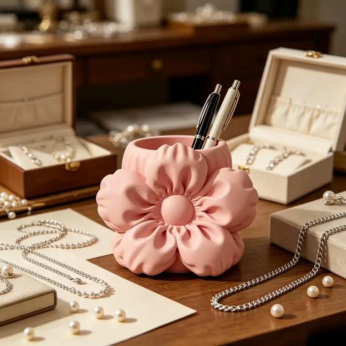 Porte-stylo Fleur Rose Nouveauté Organisateur de Bureau Décoration de Table Coiffeuse Chambre Fille Rangement Sculpture Cadeau pour Femme Ornement 3D