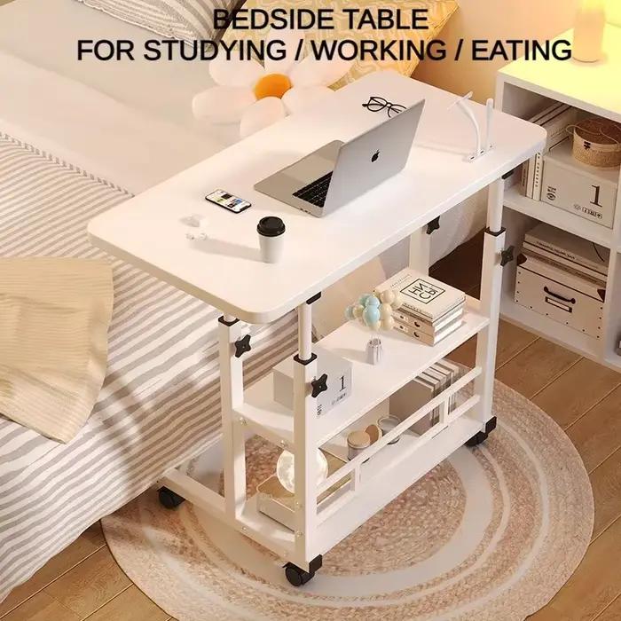 Bureau portable mobile, table d'étude à hauteur réglable avec étagère de rangement, bureau de chevet pour travailler et manger, ventilateur et lumière USB en option