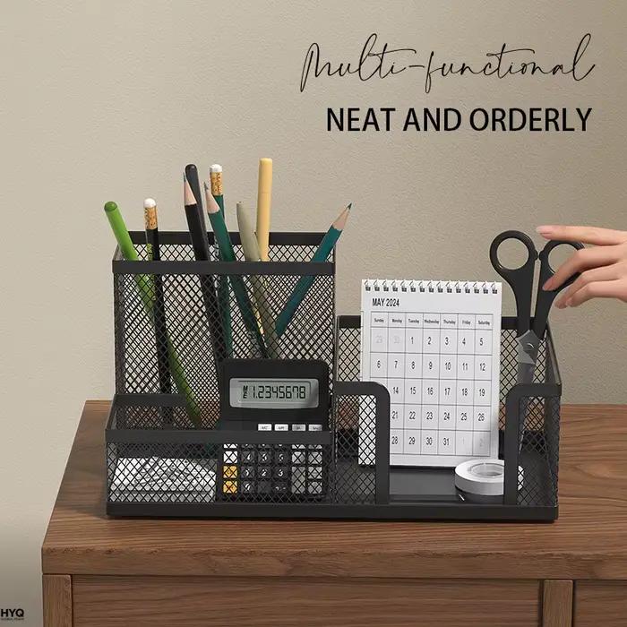 Organisateur de bureau en maille avec porte-crayons et paniers de rangement pour accessoires