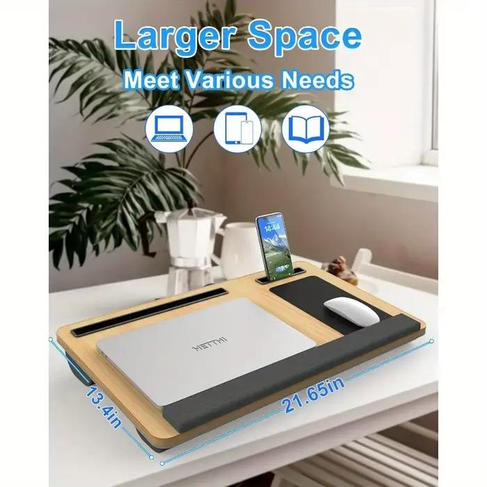 Table pour ordinateur portable avec tapis de souris, emplacements pour tablette et téléphone, poignée portable, adaptée à une utilisation en extérieur et en voiture comme bureau