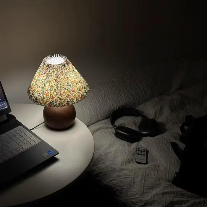 Lampe de chevet en noyer plissée circulaire USB pour chambre décoration veilleuse bleu brun orange atmosphère apaisante chambre enfant salon thé hôtel cadeau occasion spéciale