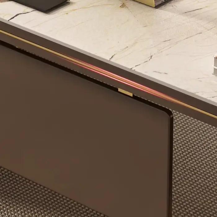 Bureau d'Angle Premium sur Pied en Acier Inoxydable avec Finition Plaque de Pierre pour Espace de Travail Luxe et Modernité