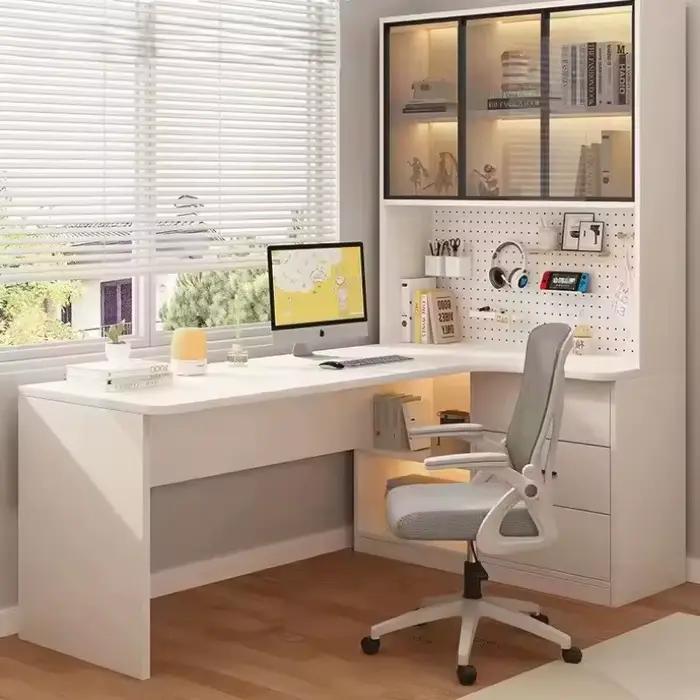Bureau d'angle en L en bois pour chambre à coucher avec étagère intégrée et 3 tiroirs