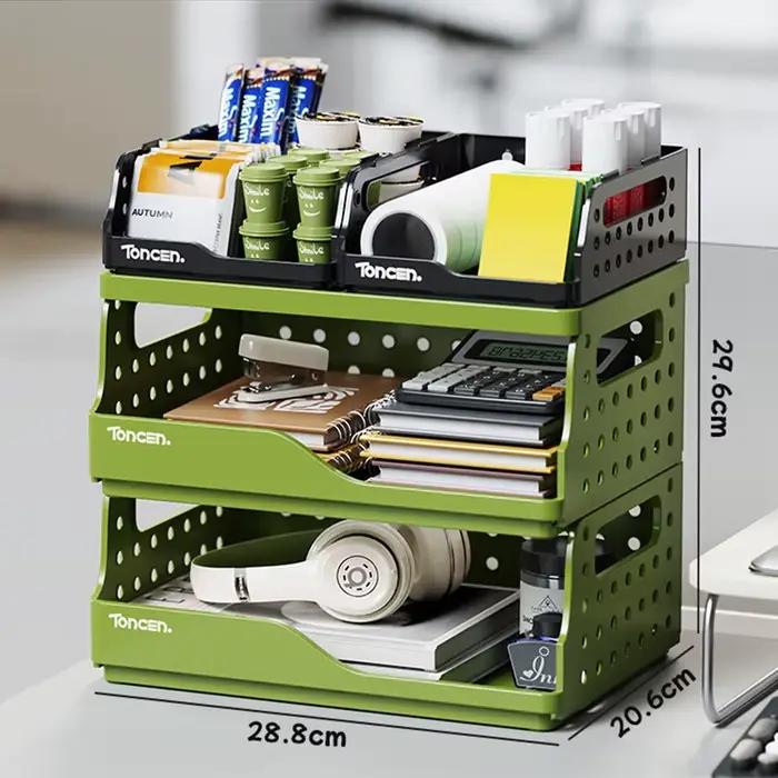 Organisateur de bureau élégant et robuste à 3 niveaux avec 2 grands + 2 petits compartiments – Boîte de rangement