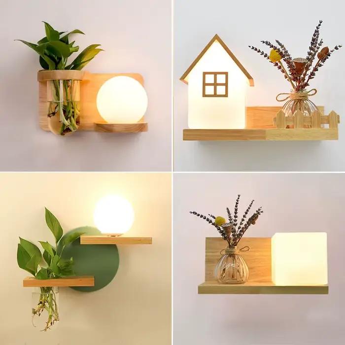 Lampe en bois moderne mur LED lampes personnalité nordique créatif vert Pot de plante décor à la maison salon allée Loft luminaires