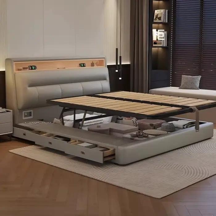Lit de tête de lit carré en bois avec cuir véritable, style minimaliste moderne pour chambre à coucher occasions spéciales