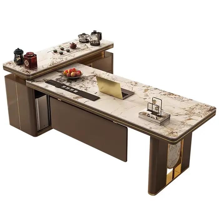 Bureau d'Angle Premium sur Pied en Acier Inoxydable avec Finition Plaque de Pierre pour Espace de Travail Luxe et Modernité