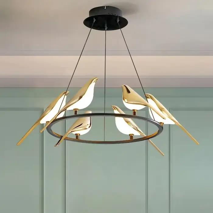 Lampe pie oiseau nordique moderne en cuivre poli avec abat-jour varié pour salon chambre et salle à manger