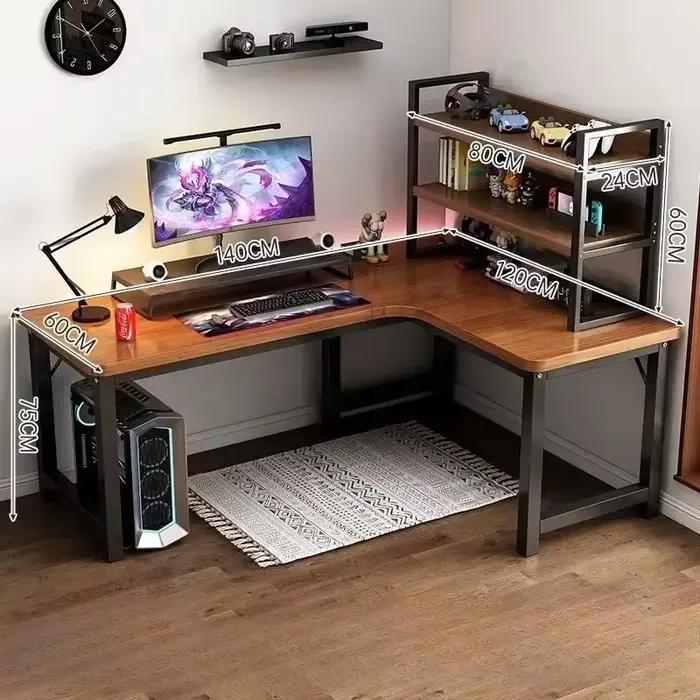 Bureau d'ordinateur en chêne de forme L avec rangement pour bureau et espace de jeu à la maison