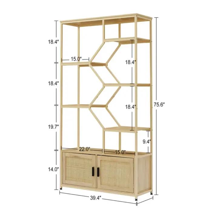 Étagère en rotin, bibliothèque à 7 niveaux avec armoire, étagère de rangement en rotin naturel, étagère de présentation bohème, 39,4 "L x 13,8 "P x 75,6 "H