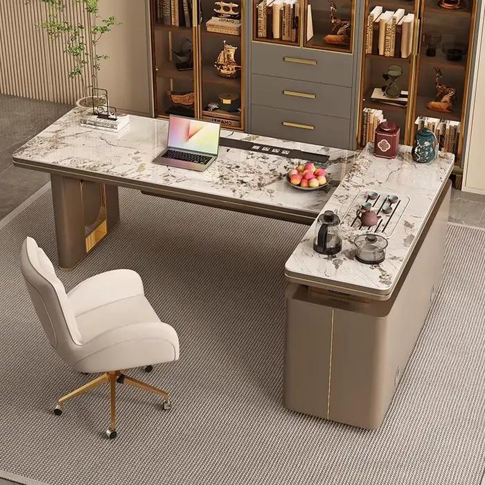Bureau d'Angle Premium sur Pied en Acier Inoxydable avec Finition Plaque de Pierre pour Espace de Travail Luxe et Modernité