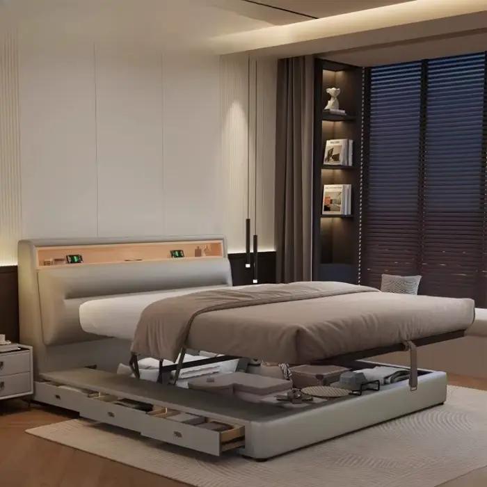 Lit de tête de lit carré en bois avec cuir véritable, style minimaliste moderne pour chambre à coucher occasions spéciales