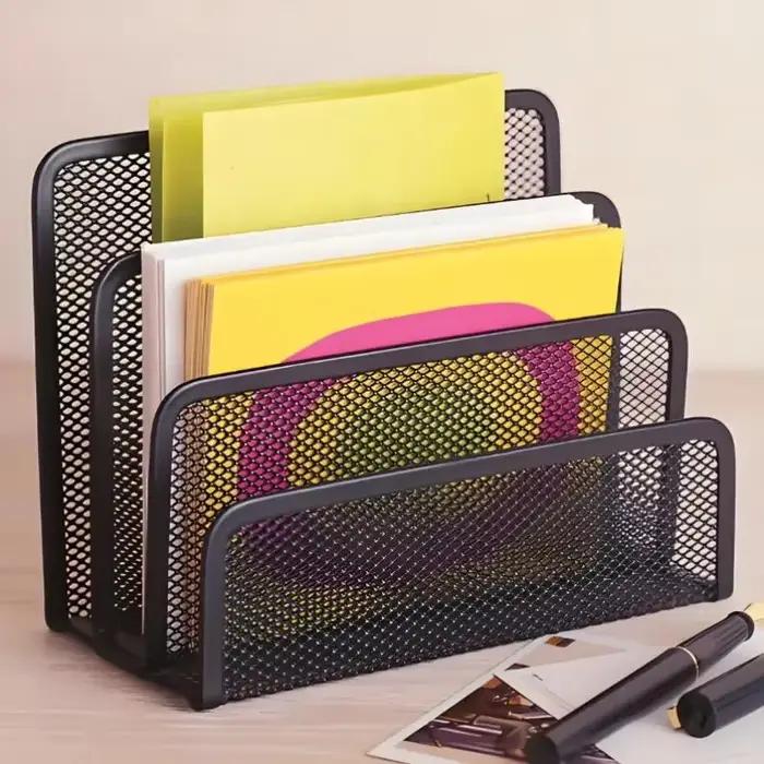Rangement de bureau, grille noire en métal à trois couches pour cartes de visite