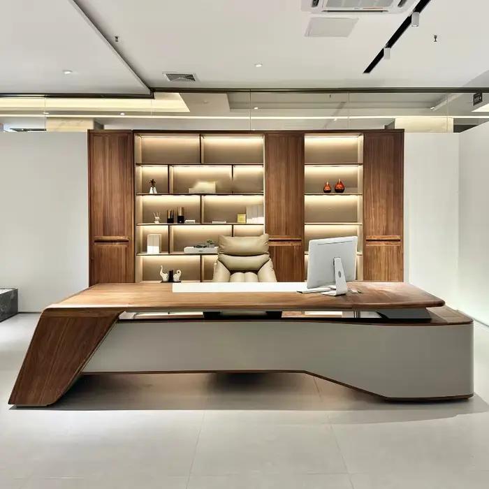Bureau en bois dur style nouveau chinois l-shape moderne avec quatre tiroirs intégrés pour espace de travail élégant et personnalisable