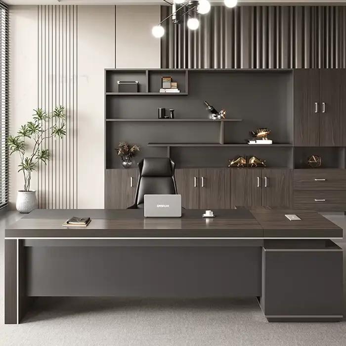 Bureau en forme de L en bois, mobilier de bureau moderne avec compartiment latéral pour un espace de travail organisé et élégant