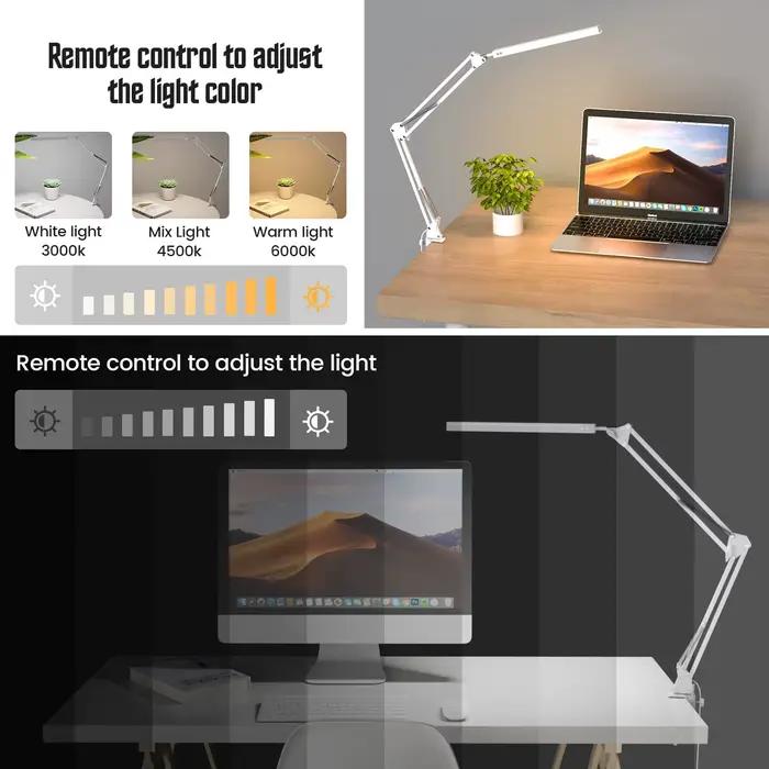 Lampe de bureau LED à bras long avec pince pliable pour soin des yeux et adaptabilité selon les occasions de lecture et de travail