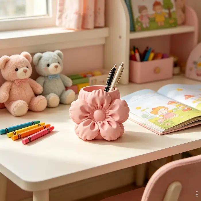 Porte-stylo Fleur Rose Nouveauté Organisateur de Bureau Décoration de Table Coiffeuse Chambre Fille Rangement Sculpture Cadeau pour Femme Ornement 3D