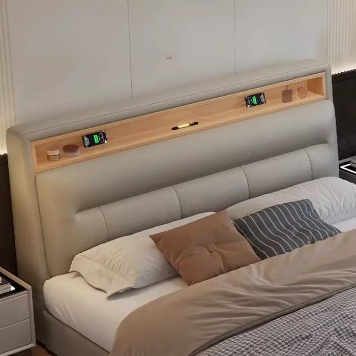 Lit de tête de lit carré en bois avec cuir véritable, style minimaliste moderne pour chambre à coucher occasions spéciales