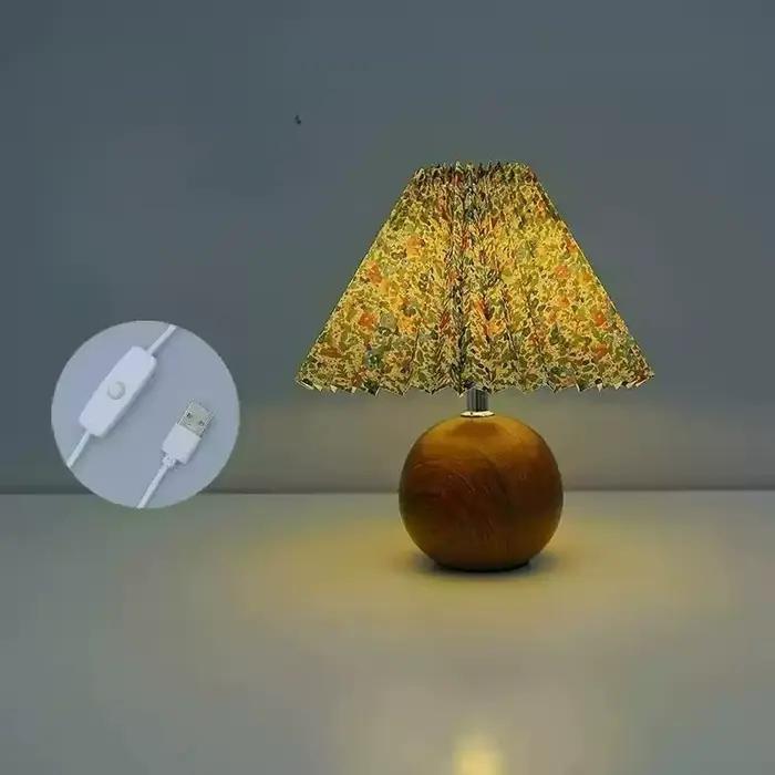 Lampe de chevet en noyer plissée circulaire USB pour chambre décoration veilleuse bleu brun orange atmosphère apaisante chambre enfant salon thé hôtel cadeau occasion spéciale