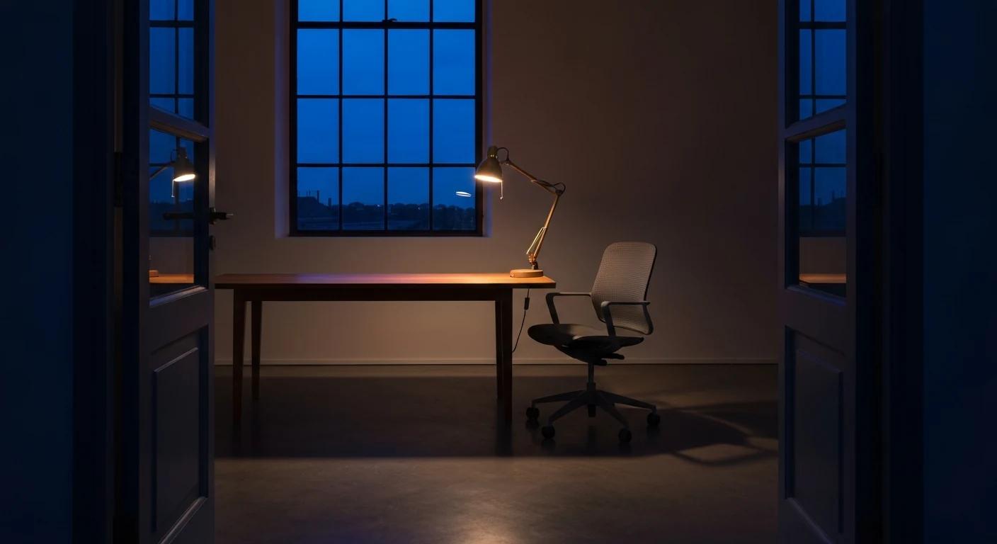Bureau Mobora éclairé d'une lampe d'architecte au crépuscule