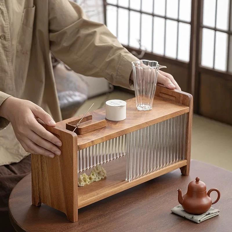 Changhong – support à tasses de bureau en noyer, service à thé avec porte coulissante, petit support