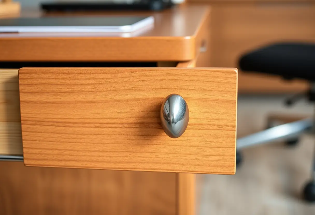 Un plan rapproché du bouton de tiroir sur un bureau professionnel, mettant en valeur la qualité du bois